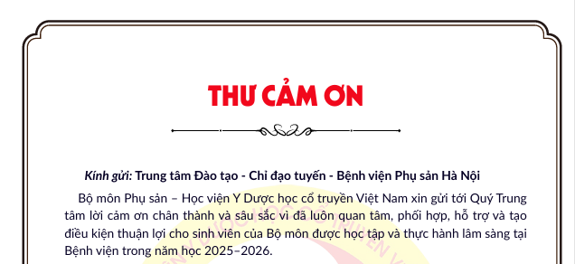 Bộ môn Phụ sản - Học viện Y Dược học cổ truyền Việt Nam gửi thư cảm ơn Trung tâm Đào tạo & Chỉ đạo tuyến - Bệnh viện Phụ Sản Hà Nội 