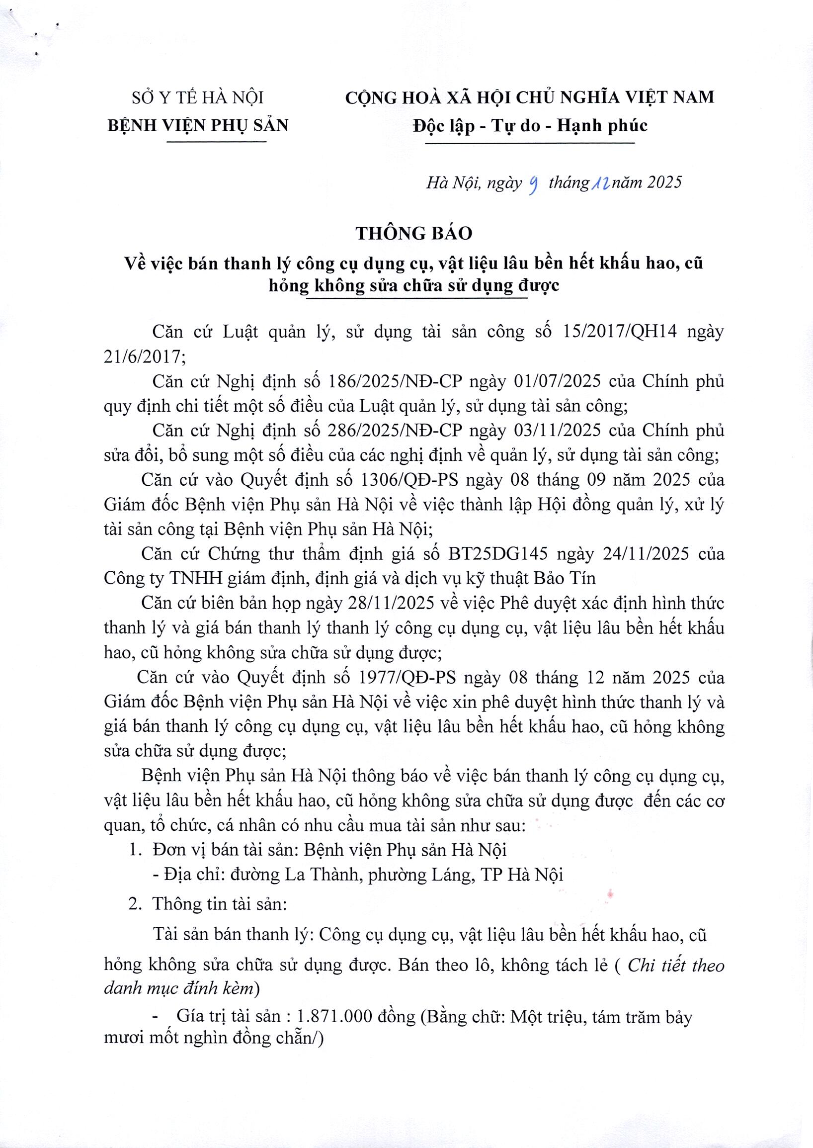 Thông báo bán thanh lý công cụ dụng cụ, vật liệu lâu bền hết khấu hao ...